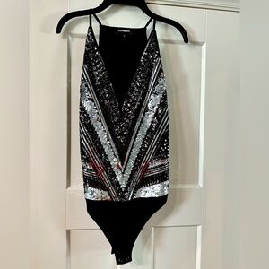 Express Silver Black Sequin Thong Bodysuit Sz Small